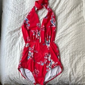 Red flower halter neck swimsuit